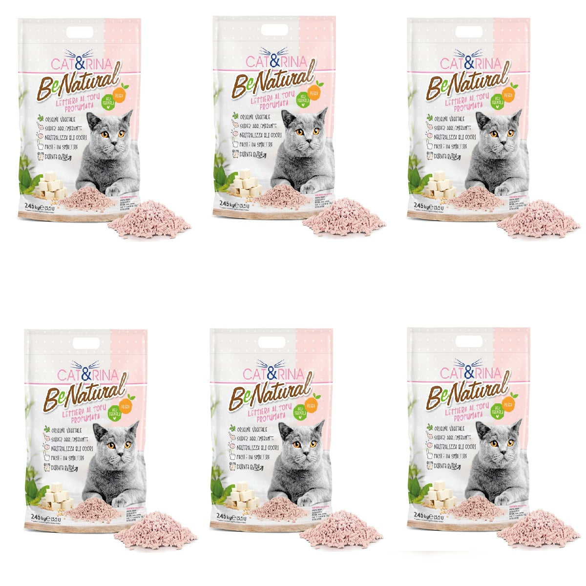 6x5,5L Cat&rina BeNatural - Lettiera da WC al Tofu - Profumo Pesca 6x5,5L Cat&rina BeNatural - Lettiera da WC al Tofu - Profumo Pesca